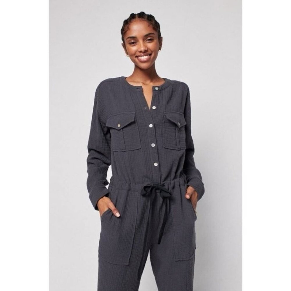 Faherty Women's Dream Organic‎ Cotton Jumpsuit Button Charcoal Gray Size XS